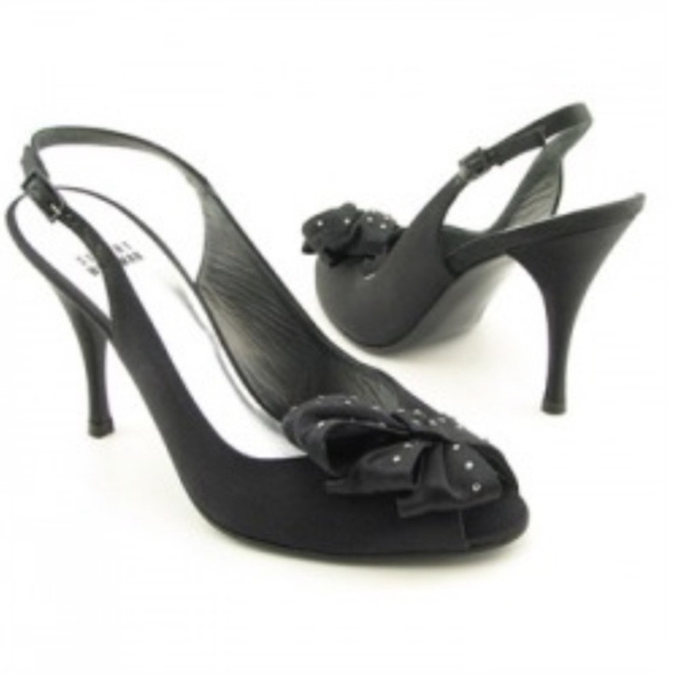 Stuart Weitzman Black Satin Peep-Toe Heels
